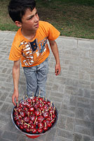 Мальчик продающий яблоки в глазури